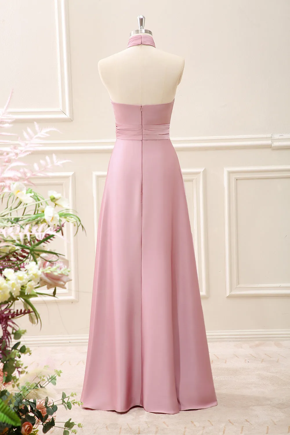 Pink Keyhole A-Line Satin Maxi Dress with Slit