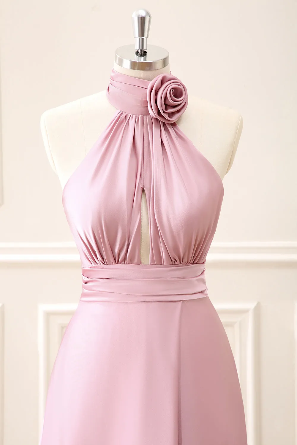 Pink Keyhole A-Line Satin Maxi Dress with Slit