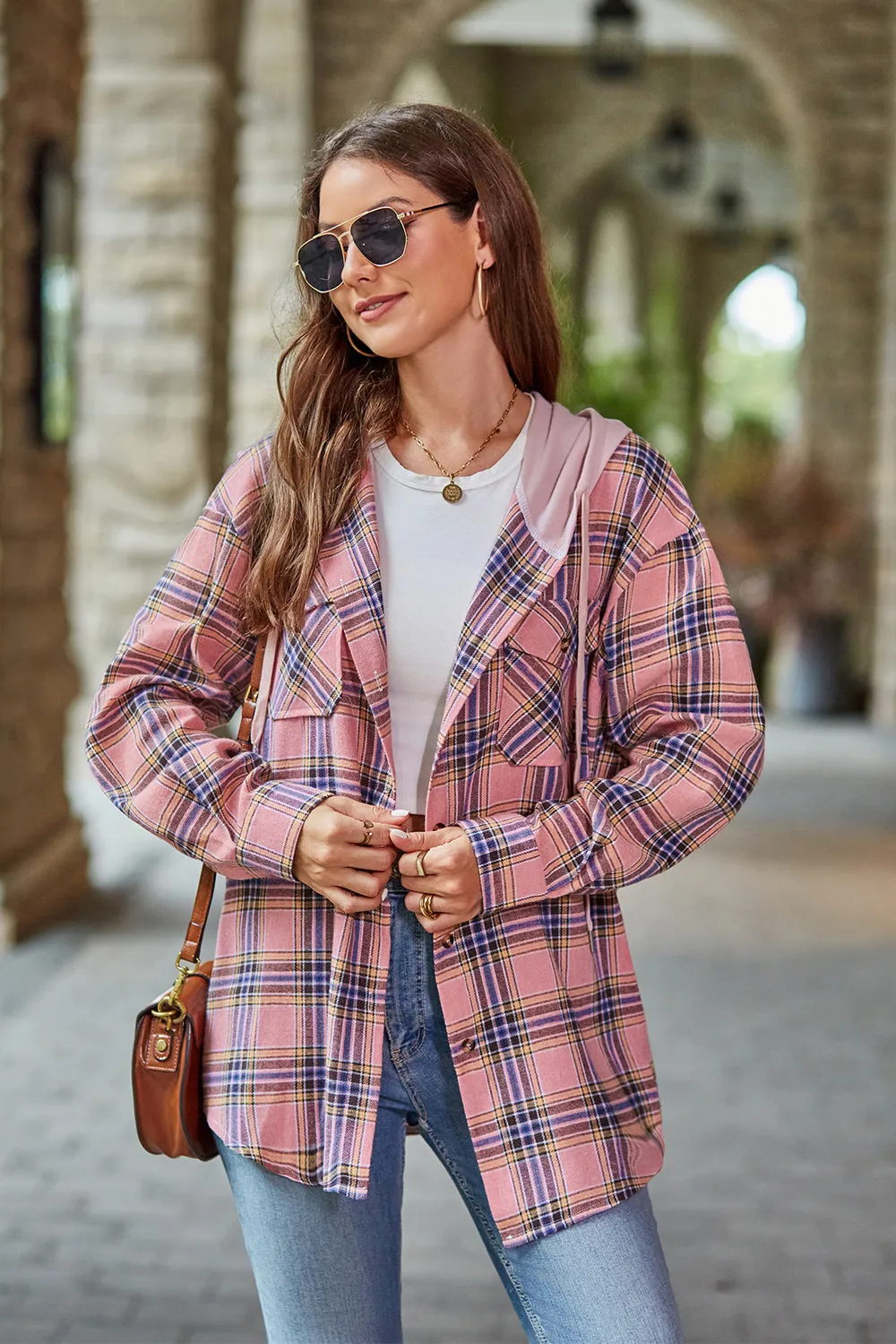 Plaid Long Sleeve Hooded Jacket