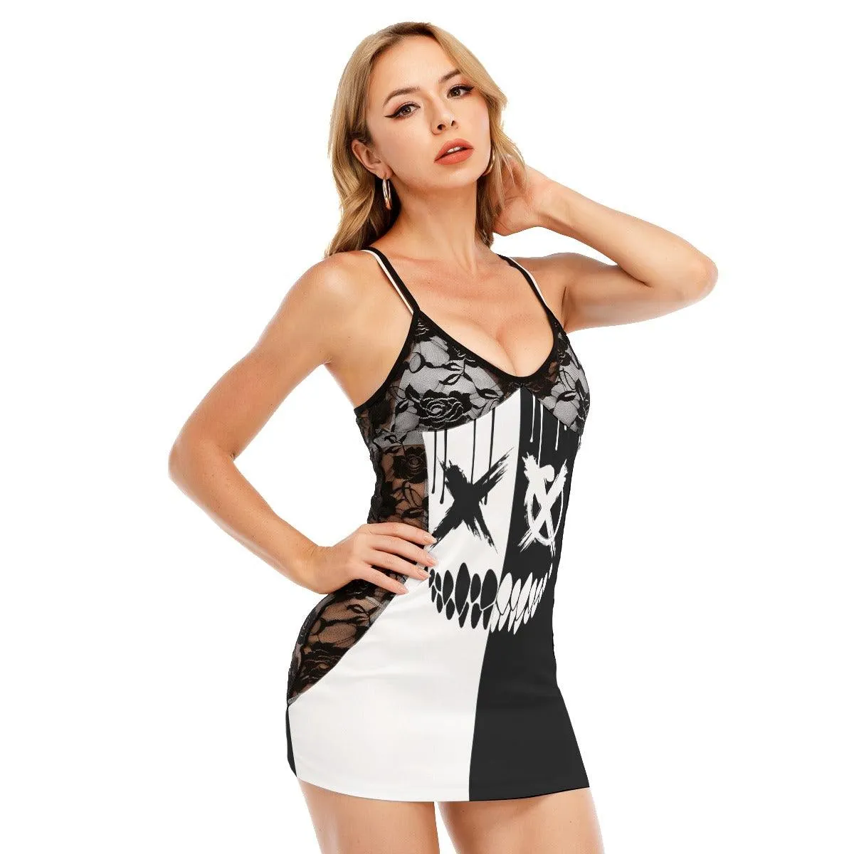 Psycho Emo Skull Black White Black Lace Sleepwears Babydol Dresses