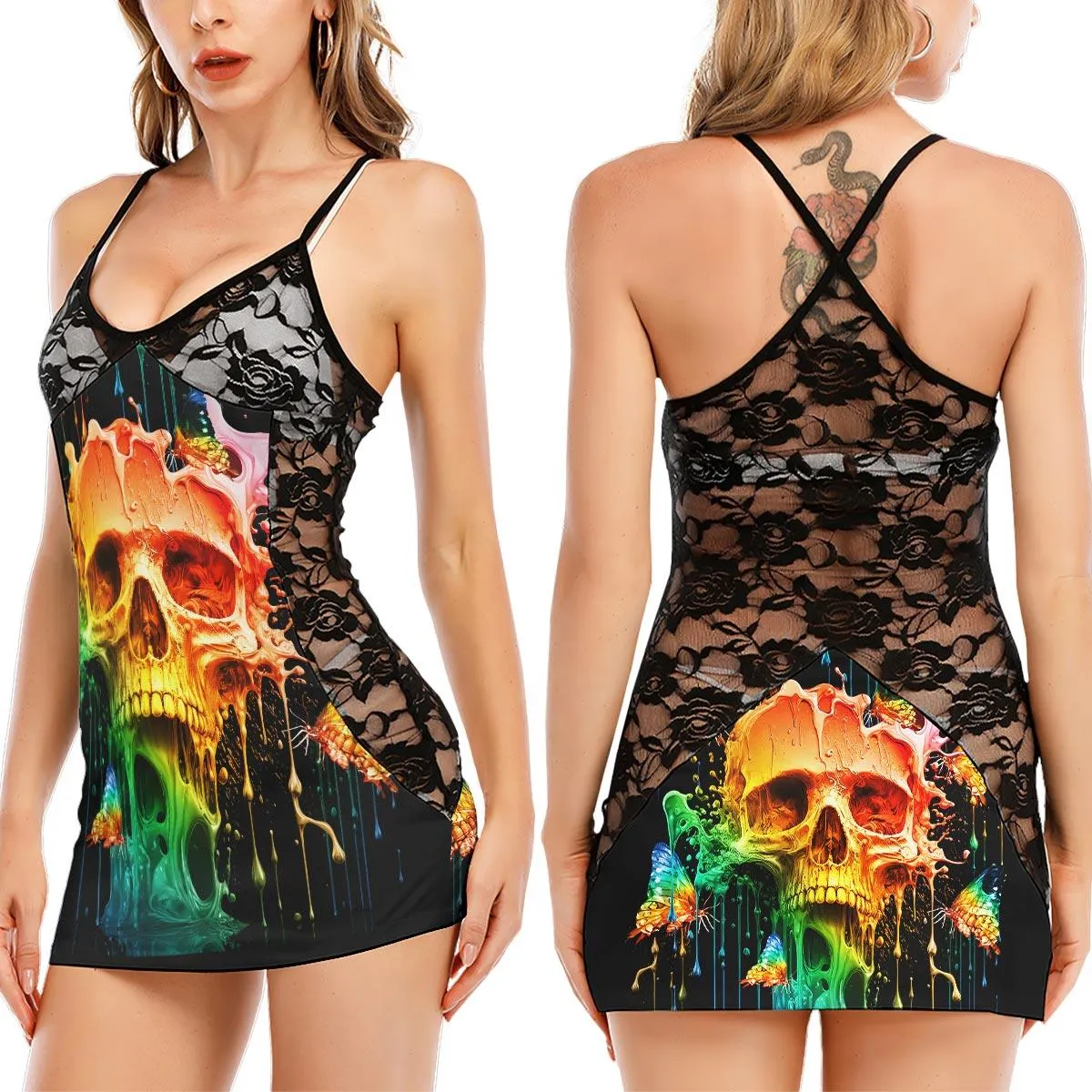 Rainbow Skull Butterfly Black Lace Sleepwears Babydol Dresses