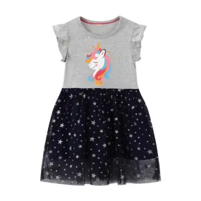 Short Sleeve Colorful Unicorn & Gold Stars Pattern Girls Dress in Grey  | Toddler Kid Baby Girl Dress Gift Princess Girl Dresses Clothing