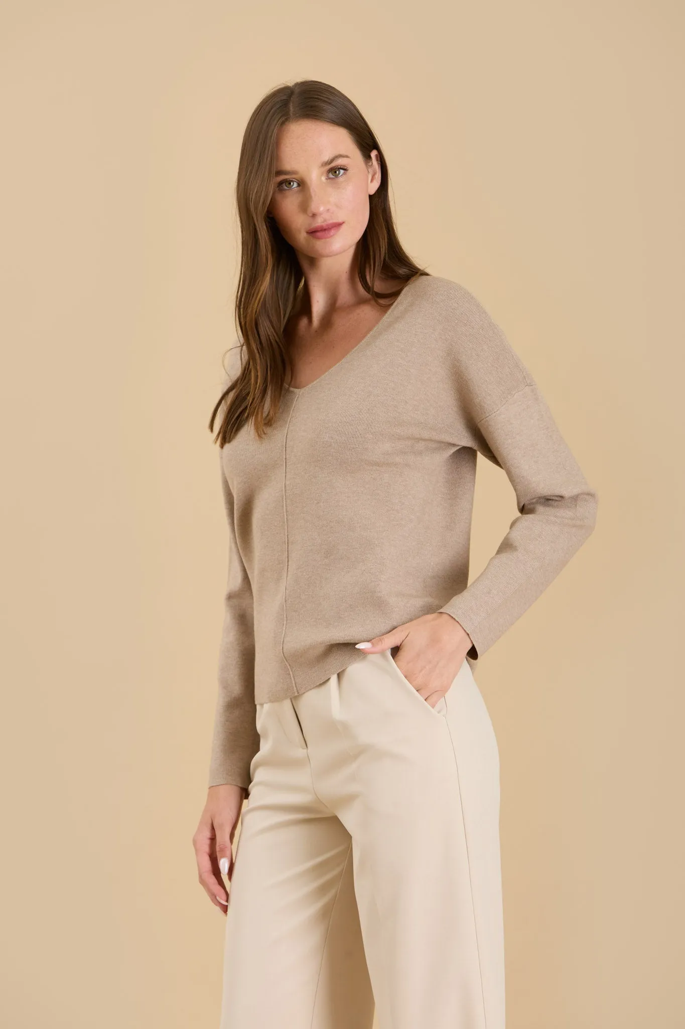 SOLID V NECK FRONT SEAM KNIT SWEATER