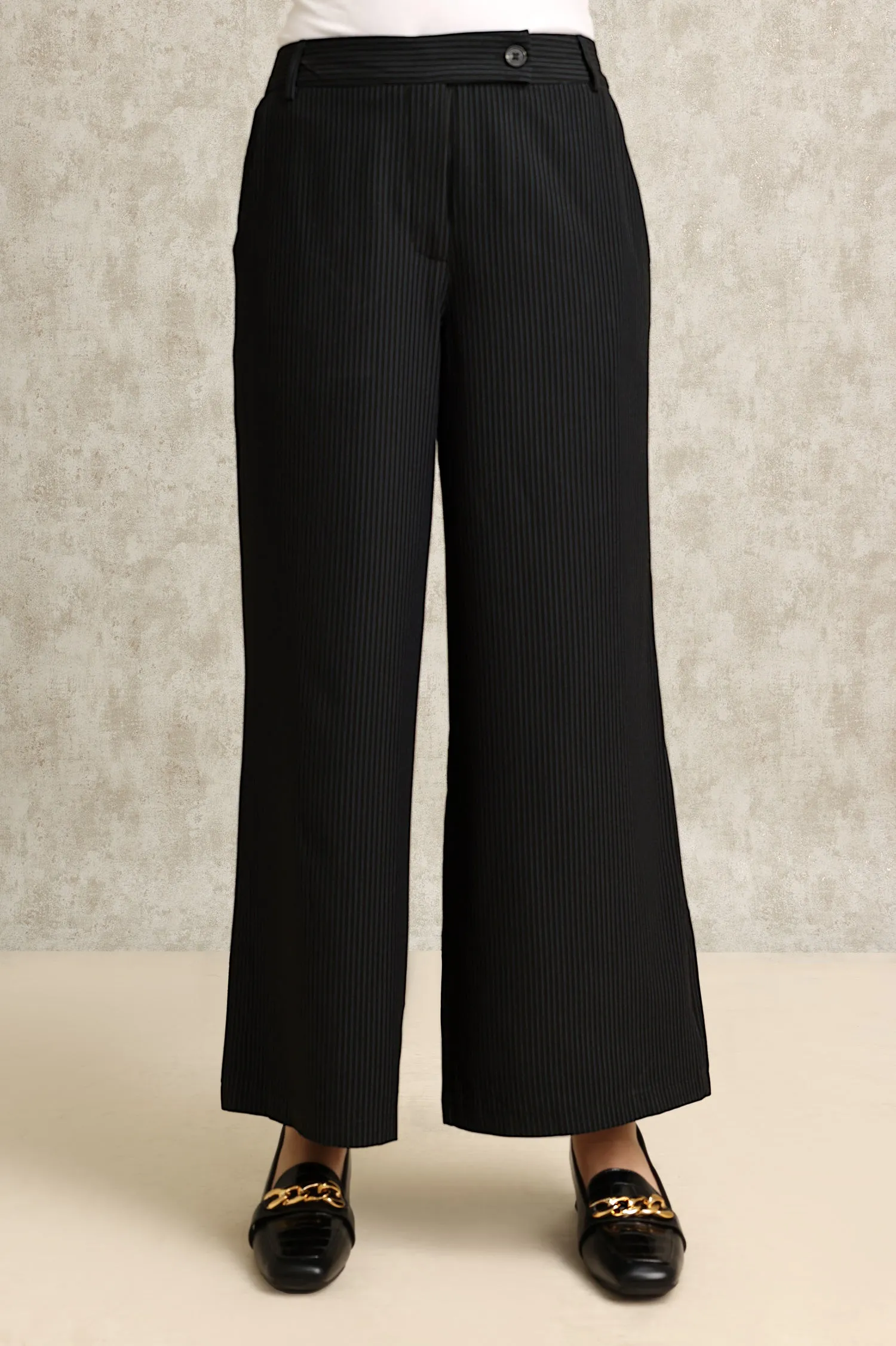 STRIPED WIDE-LEG PANTS-BLACK