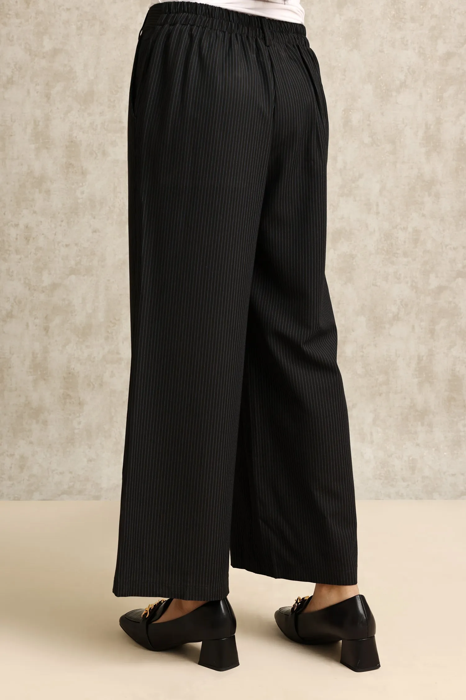 STRIPED WIDE-LEG PANTS-BLACK