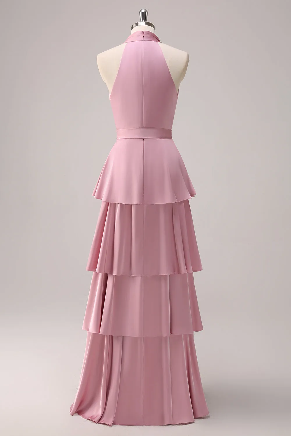 Tiered Pink A Line Halter Maxi Dress with Sash