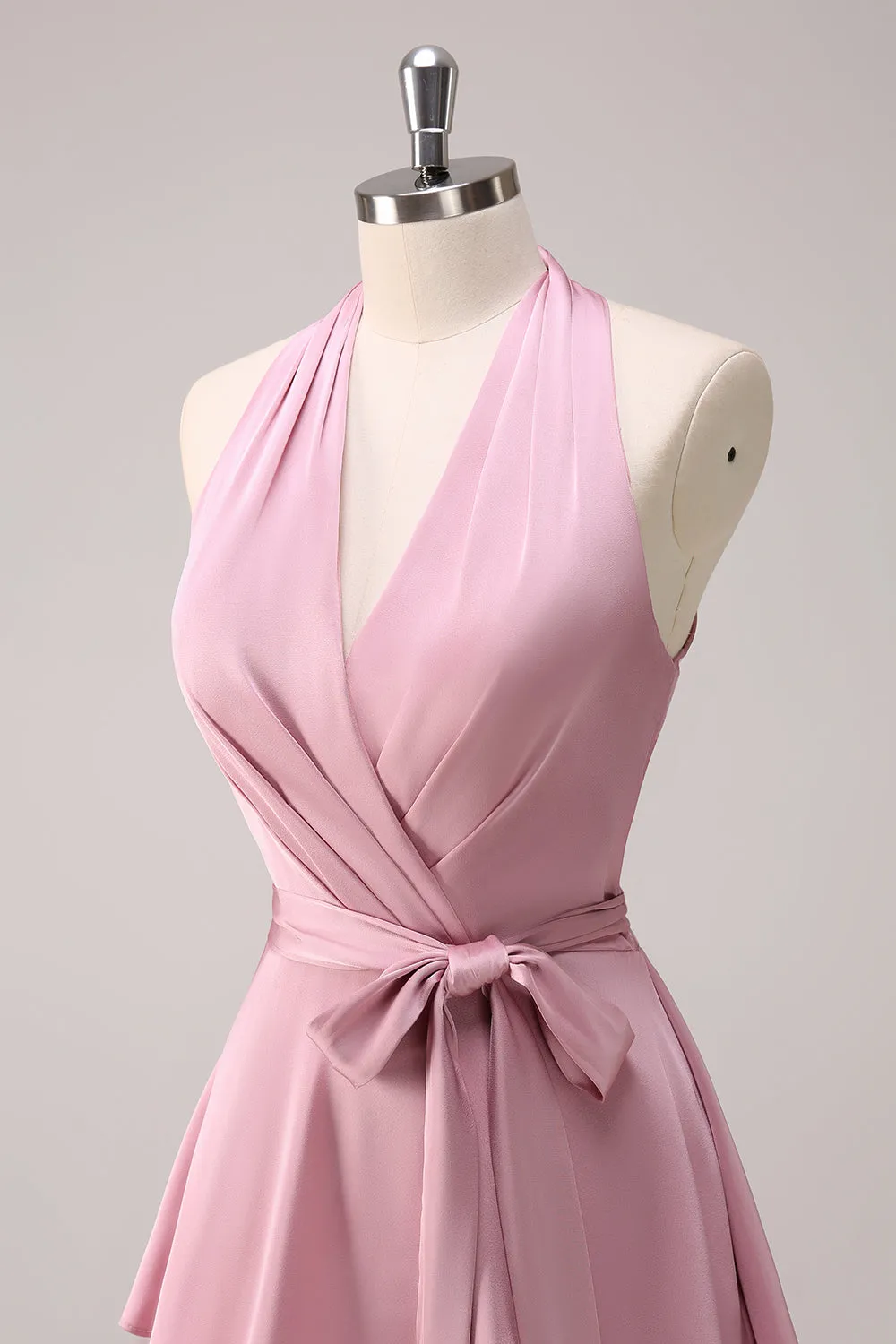 Tiered Pink A Line Halter Maxi Dress with Sash