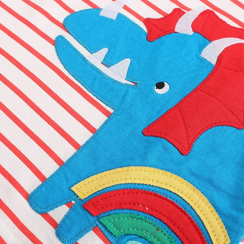 Toddler/Kid's Dinosaur Design Red Striped T-shirt with Blue Shorts