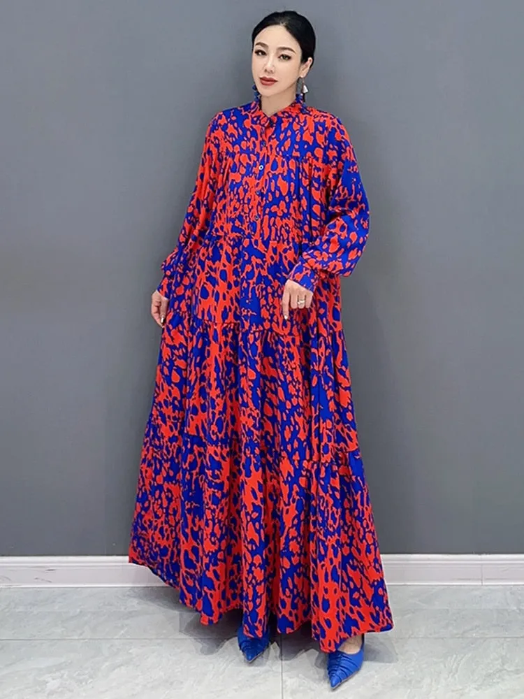 Trendy Luxe Red and Blue Comfortable Long Dress