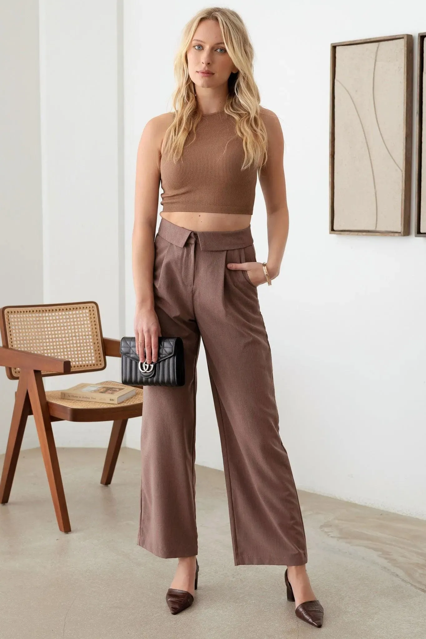 Wide Leg Asymmetric Waistband Tailored Pants