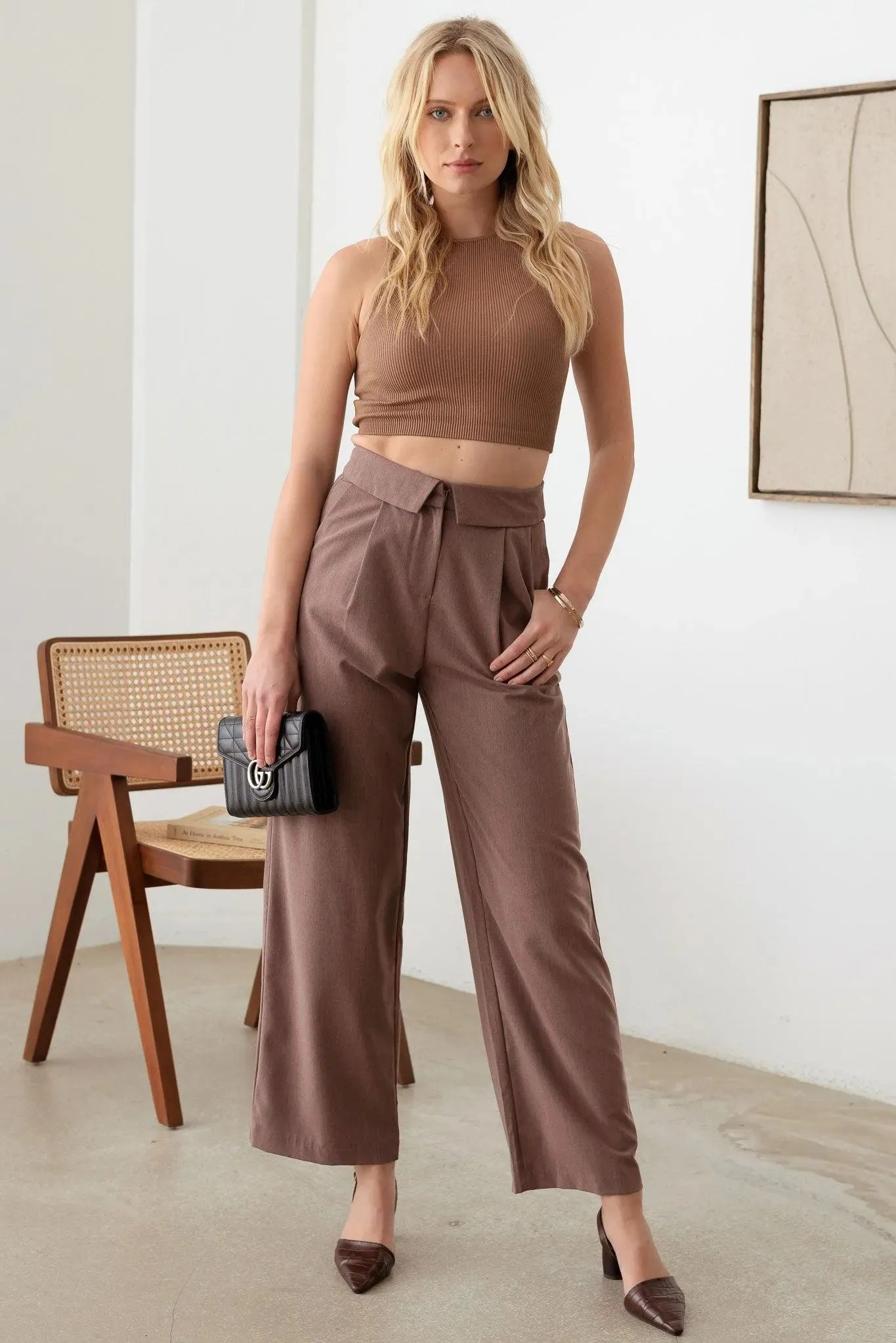 Wide Leg Asymmetric Waistband Tailored Pants